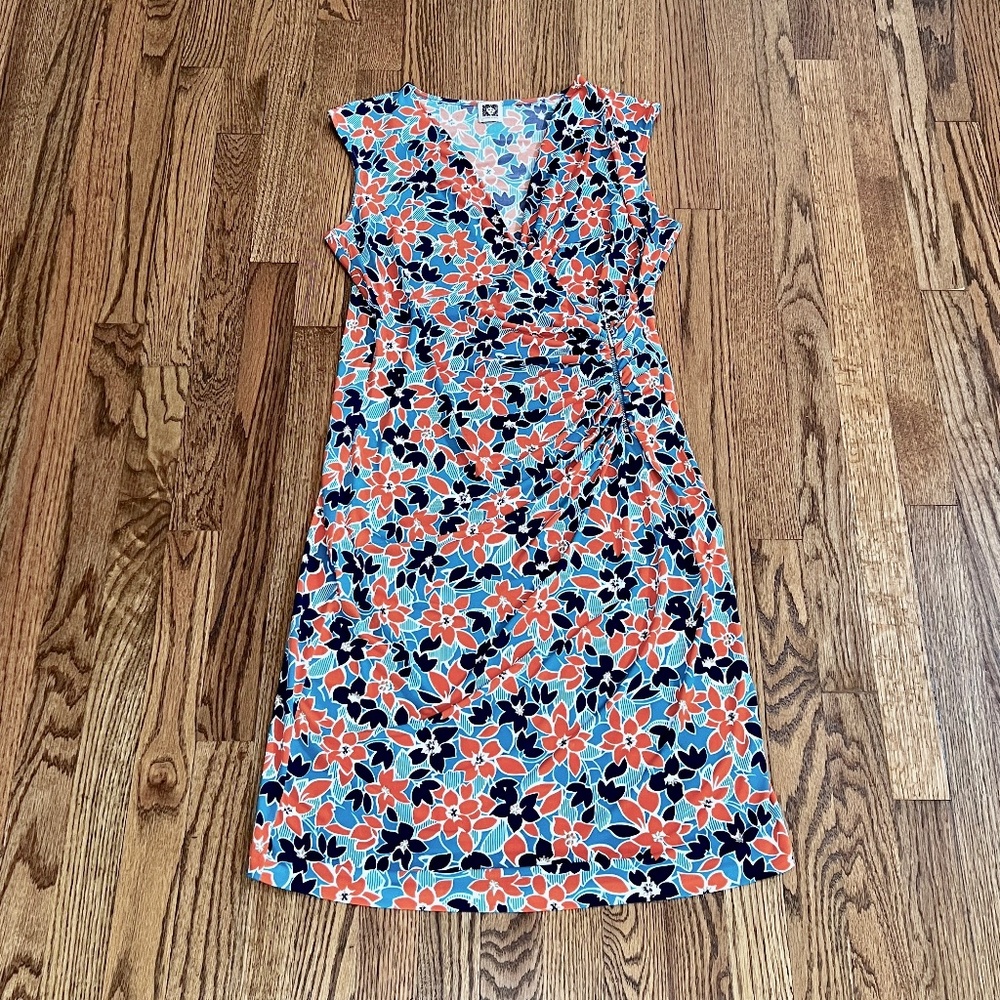Anne Klein Orange and Blue Floral Jersey Dress Medium